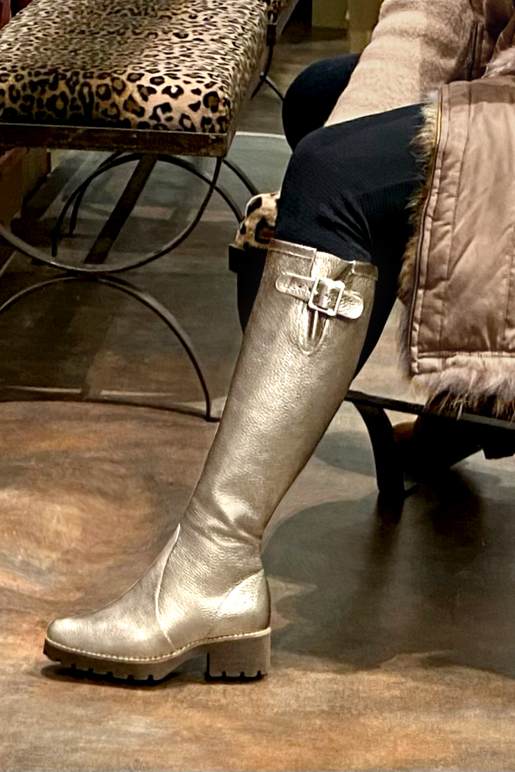 Tan beige women's knee-high boots with buckles.. Made to measure. Worn view - Florence KOOIJMAN